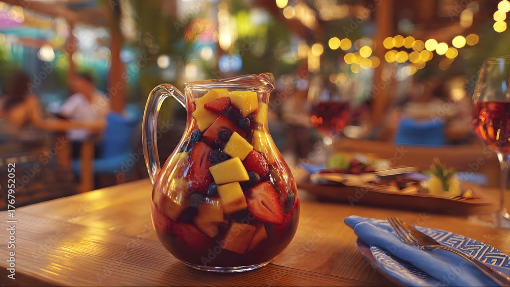 Fototapeta premium A glass pitcher of red Sangria or fruit punch with strawberries and mangoes sits on a wooden bar counter at an outdoor restaurant during a warm evening gathering.