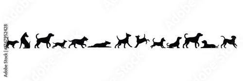 Assortment of Dog Silhouettes in Motion, Vector Collection of Dogs Running, Playing, and Sitting, Dog Animation Sprite Sheet Icons, vector, illustration.