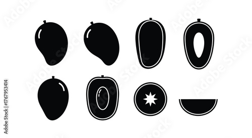 Black silhouette illustrations of mangoes and slices