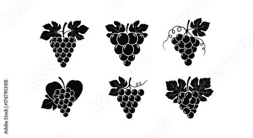 Six black silhouette grape clusters with leaves
