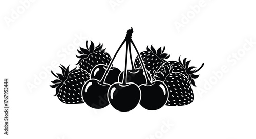 Black and white illustration of cherries and raspberries