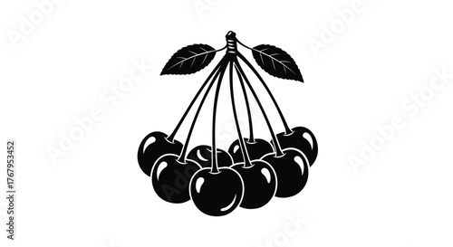 Bunch of dark cherries with stems and leaves