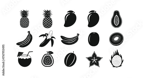 Collection of tropical fruit silhouettes on white background