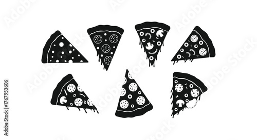 Six stylized black and white hamburger illustrations