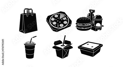 Black and white illustration of tacos and burritos