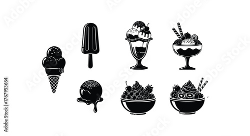 Collection of black and white fast food and snack icons