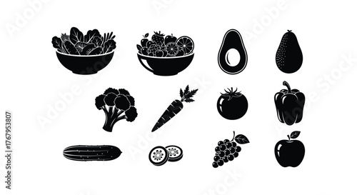 Collection of black and white fast food and snack icons