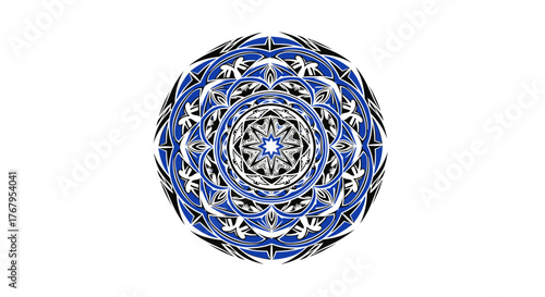 Artistic radial symmetrical pattern with blue hues and intricate detailing on white expanse