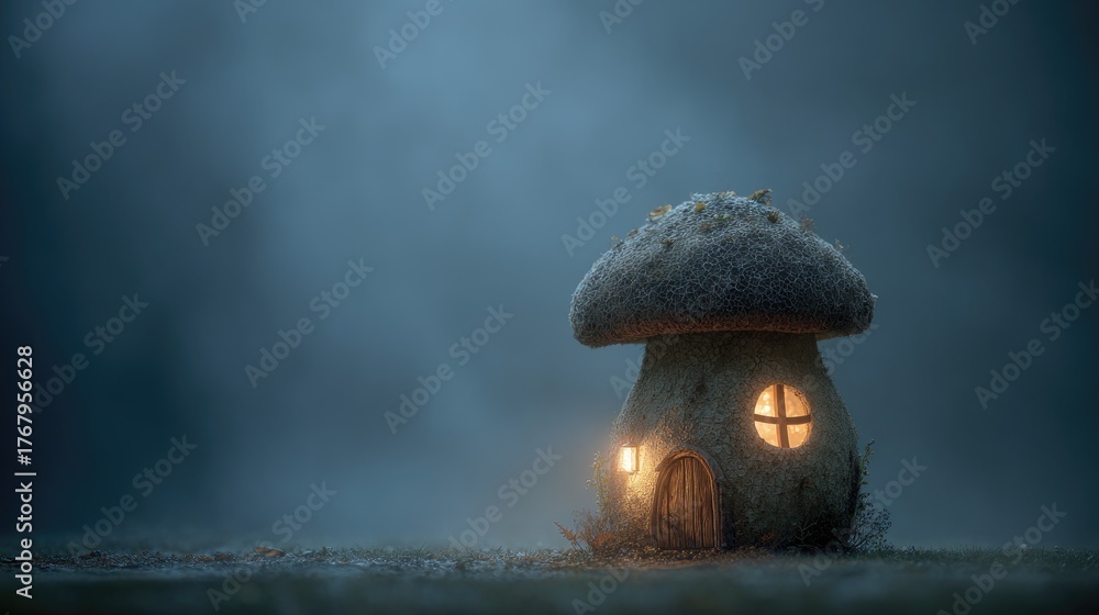 Obraz premium Enchanted Mushroom House Surrounded by Misty Atmosphere at Night