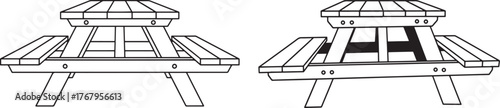Two picnic table silhouettes with roofs on white background silhouette