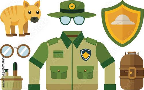 Explore nature with essential ranger gear including uniform, hat, backpack, first aid kit, and a friendly animal companion for a vibrant adventure