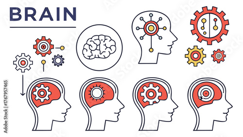 Brain line icons set, vector illustration
