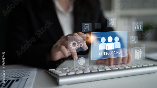 Obraz na płótnie Outsourcing concept showing collaboration, delegation, global workforce, product