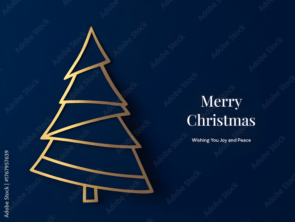 Fototapeta premium Minimalist Golden Christmas Tree on Dark Blue Background with Merry Christmas Greeting