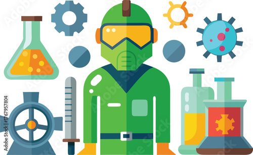 Scientist in protective gear surrounded by laboratory equipment and futuristic technology elements, symbolizing innovation and discovery