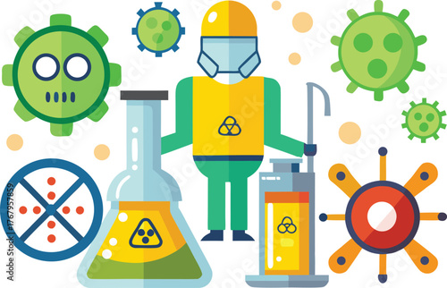 Dedicated scientist in protective gear explores virus science with lab equipment and microscopic representations, showcasing research discovery and innovation