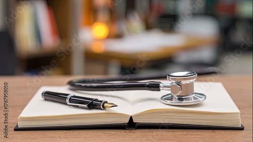 Stethoscope and fountain pen rest on open book in office.