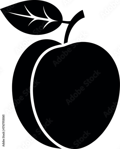 Black apricot silhouette with leaf fruit white