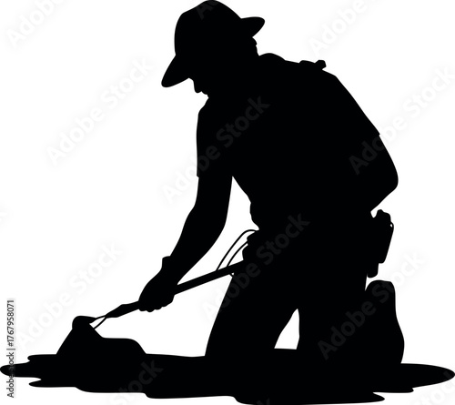 Black silhouette archaeologist digging excavation