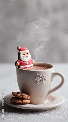 Santa cookie on hot cocoa in festive cup with steam rising on white background.