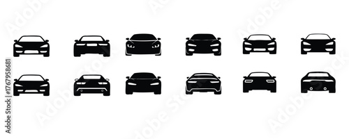 Front View Car Silhouettes Collection, Automobile Front Grille Icons Set, Twelve Black Car Icons (Vector), vector, illustration