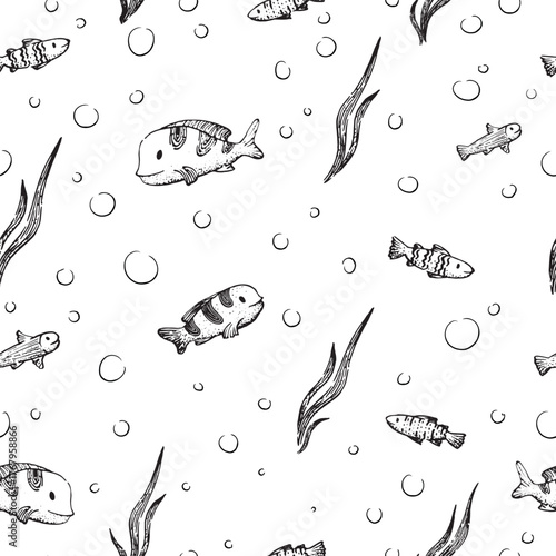 A graphic seamless pattern with seaweed and fish. The clip art is done in a childish style.