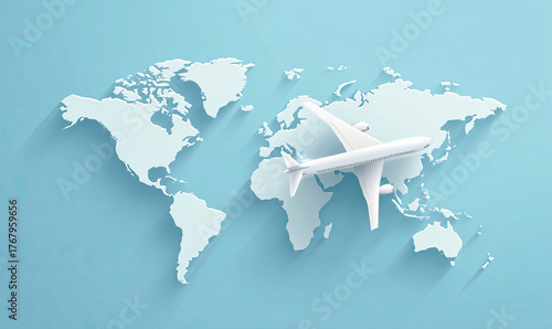 Global travel: Airplane above world map