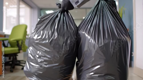 Monotonous task office garbage bag removal carrying trash bag refuse collection sanitation waste management recycling worker