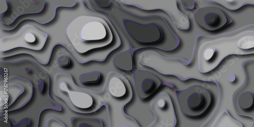 Abstract topographic map contour lines and shaded relief creating a textured grayscale background with subtle purple outlines and soft shadows for graphic design and digital art applications