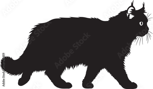 Silhouette of a fluffy long-haired cat walking gracefully with detailed fur texture and alert ears captured in a profile view