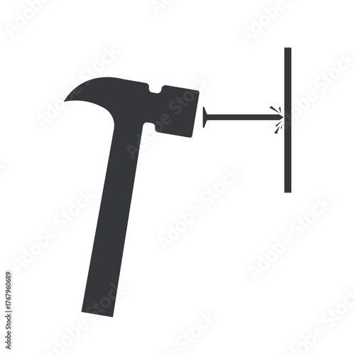 Isolated pictogram of a hammer hitting a nail into a wall, symbol for safety warning and no nailing area.