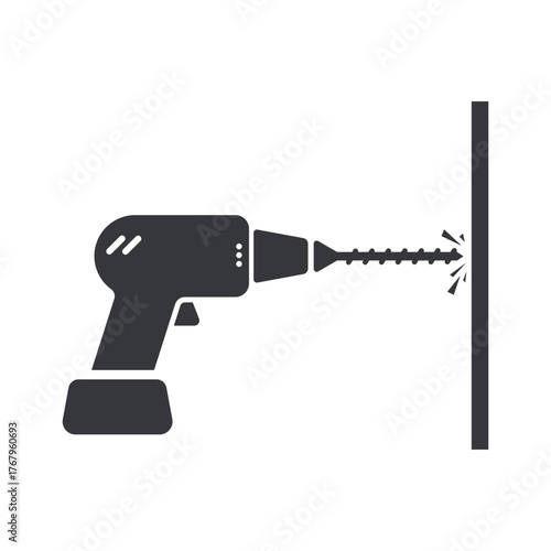 Isolated pictogram sign of a drill against a wall, symbol for no drilling or making holes in building surfaces.