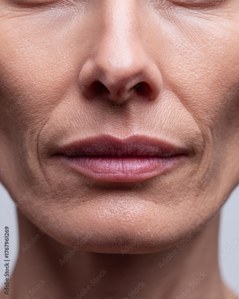 Fototapeta premium Close-up of a Mature Womans Face Highlighting Skin Texture, Facial Features, and Natural Beauty Under Soft Lighting Conditions