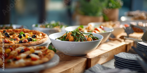 Mediterranean buffet table with pizza and salad bowls served on wooden board, colorful appetizer spread with fresh vegetables and herbs