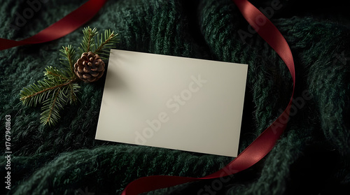 Blank horizontal card mockup on a dark green knit background with Christmas decor.
