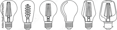 Collection of vintage filament light bulb line drawings, minimalist outline illustration, retro lamp design, energy concept, creative lighting inspiration