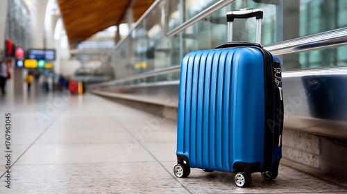 Blue Hard-Shell Suitcase on Airport Terminal Floor Near Empty Check-In Area