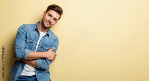 Man in denim shirt leans against a yellow wall