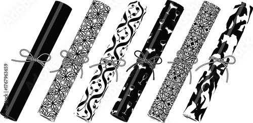 Collection of elegant black and white rolled wrapping papers, decorative gift packaging designs, floral and abstract patterns, luxury paper texture