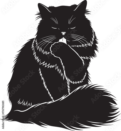 Majestic black cat silhouette perched gracefully posing with fluffy tail and detailed fur texture for artistic applications