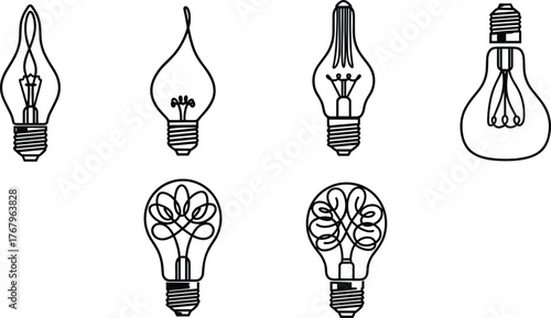 Collection of decorative vintage light bulbs, creative filament designs, minimalist line art illustration, energy symbol, electric idea concept, vector decoration