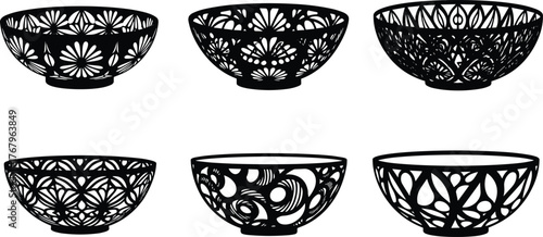 Collection of decorative bowl silhouette vector illustrations, elegant floral and geometric pattern design set for home decor and craft inspiration