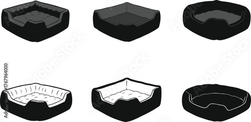 Collection of cozy pet bed silhouette vector illustration, soft cushion dog and cat bed designs, comfortable animal sleeping furniture