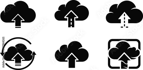 Cloud upload icons collection, data storage technology symbol, network backup, digital transfer, online storage concept, file synchronization illustration design