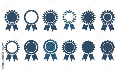 Collection of Achievement and Guarantee Badges, Set of Blue Award Ribbons and Rosettes Icons, Vector Design Elements for Certification and Quality, Twelve Blue Seal and Ribbon Variations, vector.