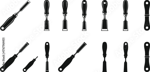 Chisel tool silhouette and outline set, woodworking equipment vector illustration, black and white carpentry icons for design, construction, workshop