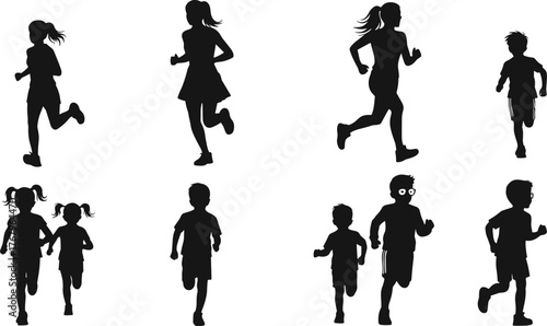 Children running silhouette, kids jogging, outdoor exercise, healthy lifestyle, active childhood, fitness activity, fun movement, energy, sports, physical education illustration