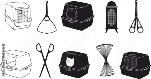 Cat litter boxes, grooming tools, pet care accessories, vector icons set, animal hygiene equipment, isolated black and white illustration collection