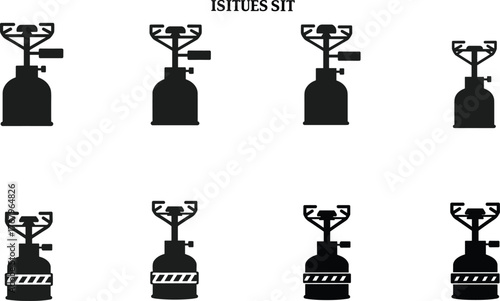 Camping gas stove silhouette collection, portable burner icon set, outdoor cooking equipment vector, black and white minimalist design illustration
