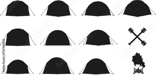 Camping tent and bonfire silhouette set, outdoor adventure icons, hiking and travel vector design, black and white minimalist illustration